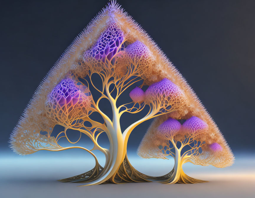 Stylized 3D illustration of a tree with triangular frame and intricate glowing purple fractal can