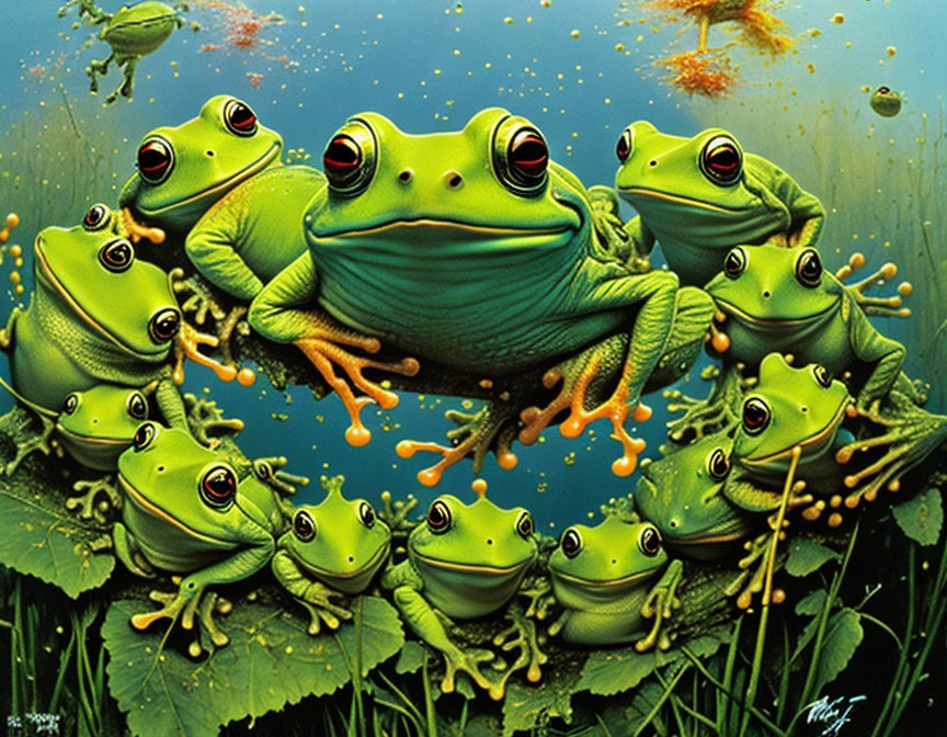 Colorful Frog Illustration with Exaggerated Eyes in Underwater Scene