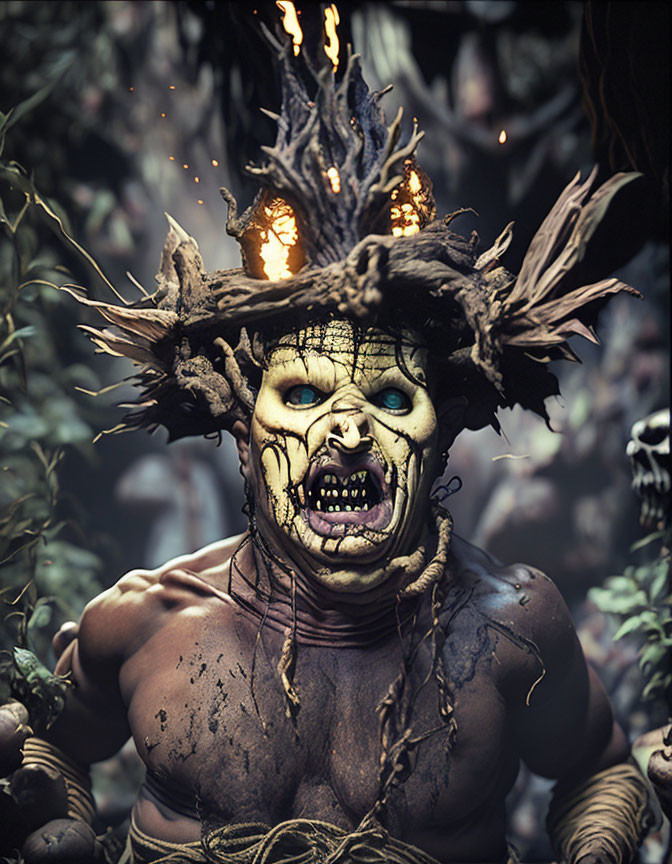 Person with tribal make-up and fiery skull headdress in mystical forest.