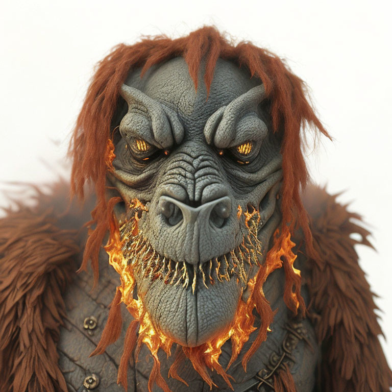 Fantastical creature with ape-like features and fiery hair in dark outfit