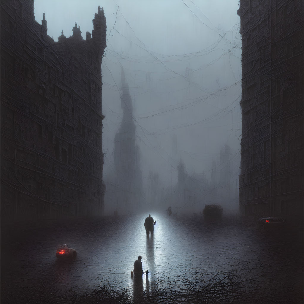 Foggy urban scene with silhouetted figures and gothic buildings