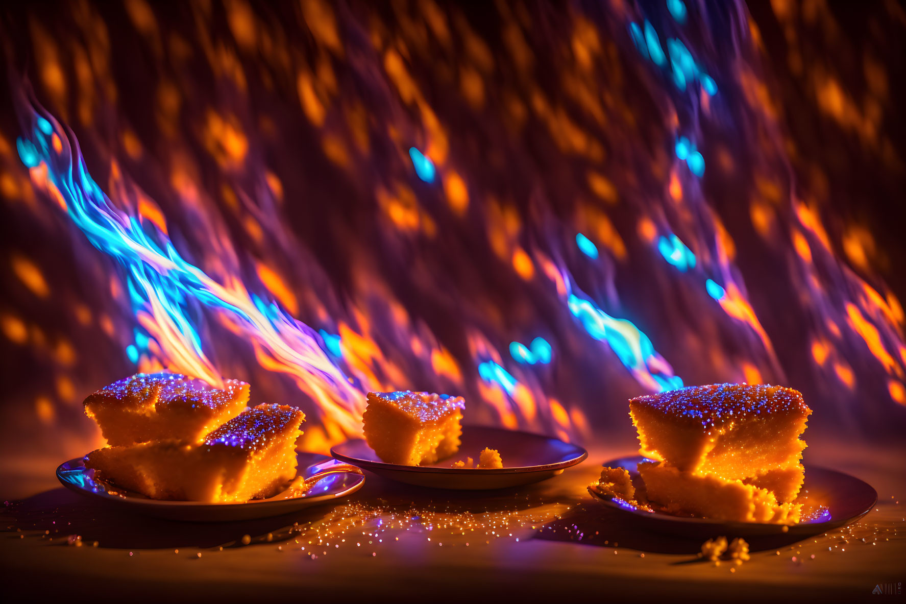 Three Sparkling Sugar Cake Slices Backlit by Blue and Orange Flames