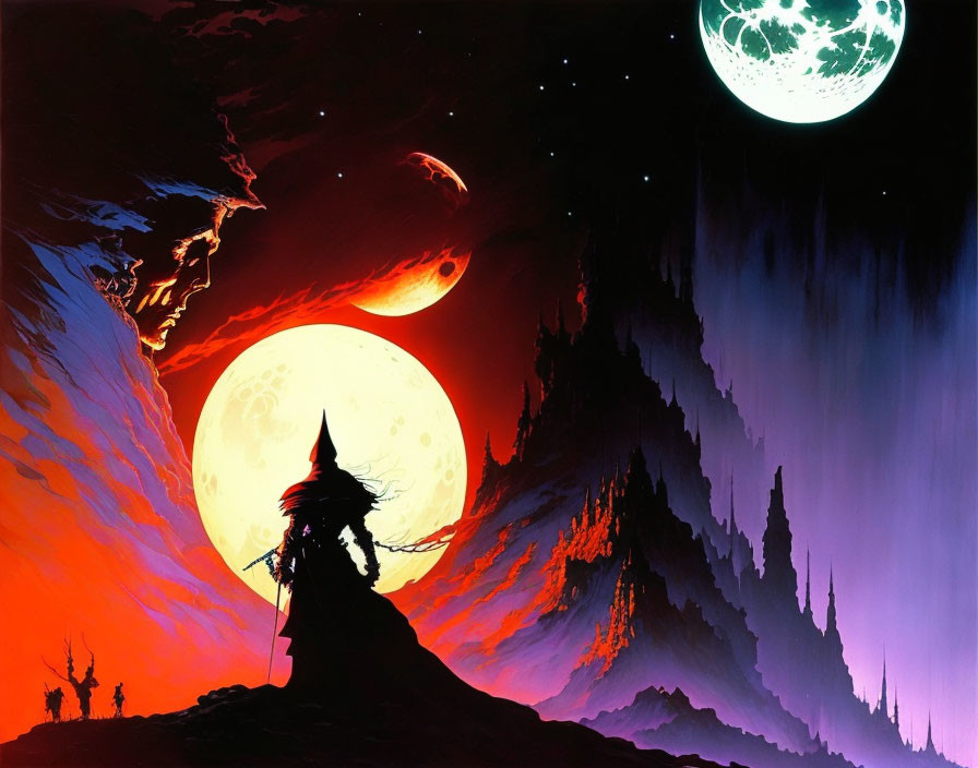 Fantasy landscape with cloaked figure under red moon