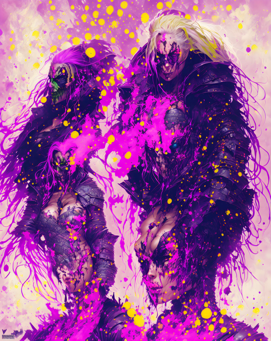 Stylized characters in vibrant digital artwork with purple and yellow splashes