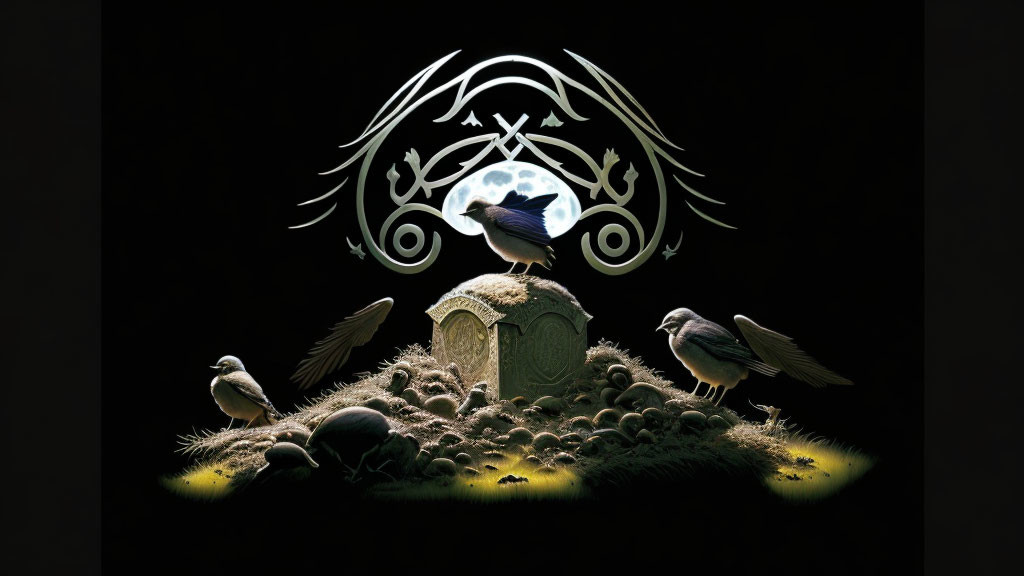 Mystical image: Magpie on gravestone with glowing emblem