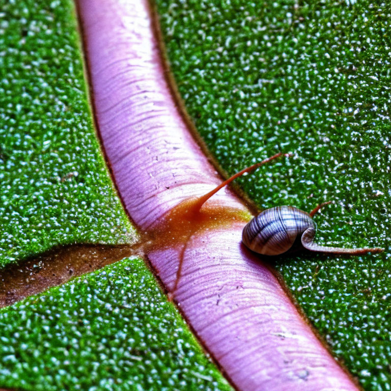 Striped shell snail crawling on green leaf with water droplets