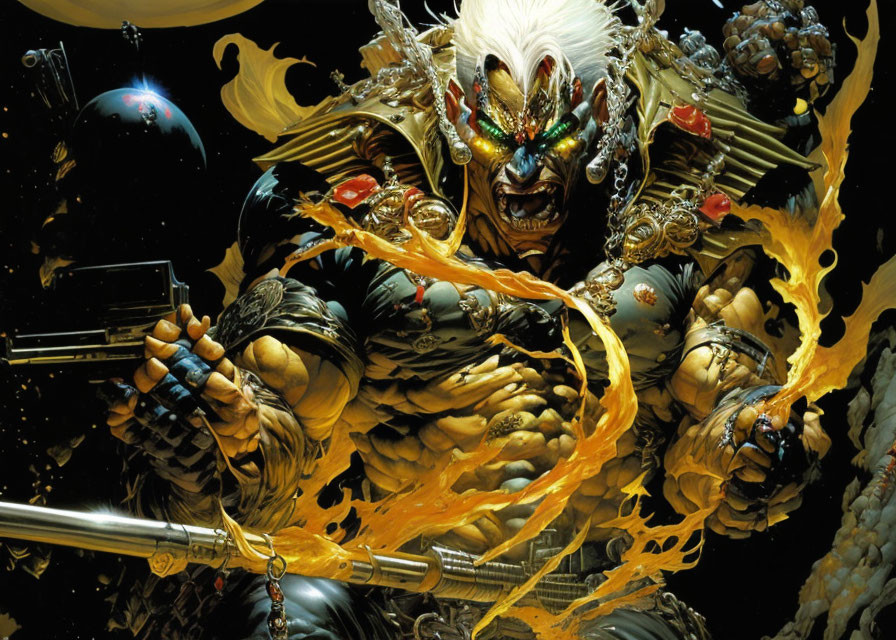 Muscular white-haired character in golden armor with flaming sword and chain in space.