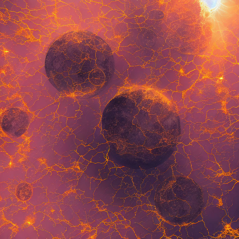 Cracked glowing spheres in fiery cosmic setting