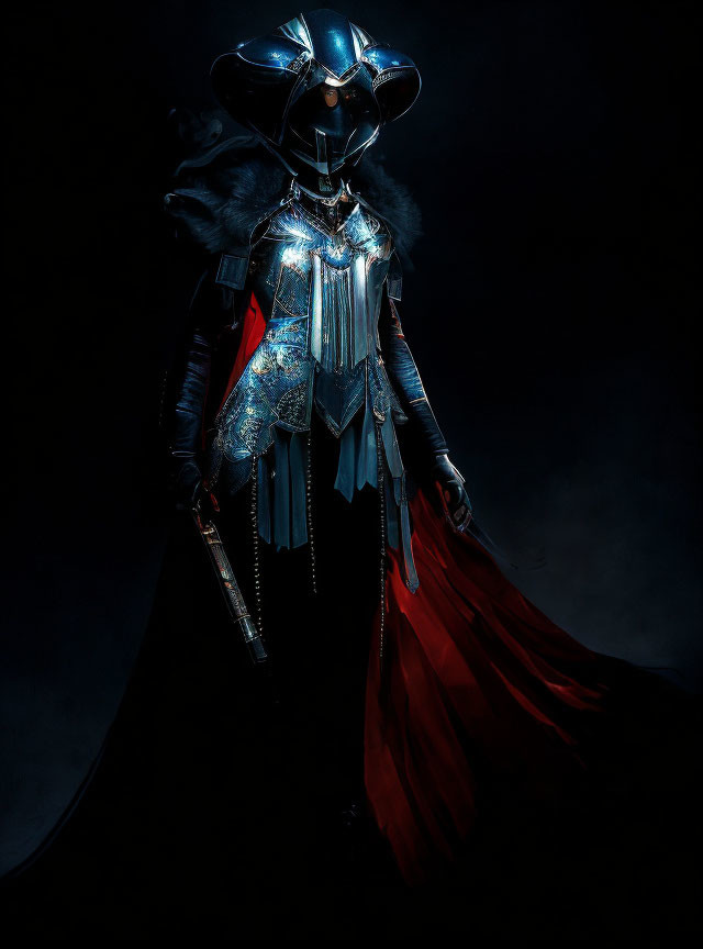 Armored figure with helmet, red cape, and staff in dimly lit setting