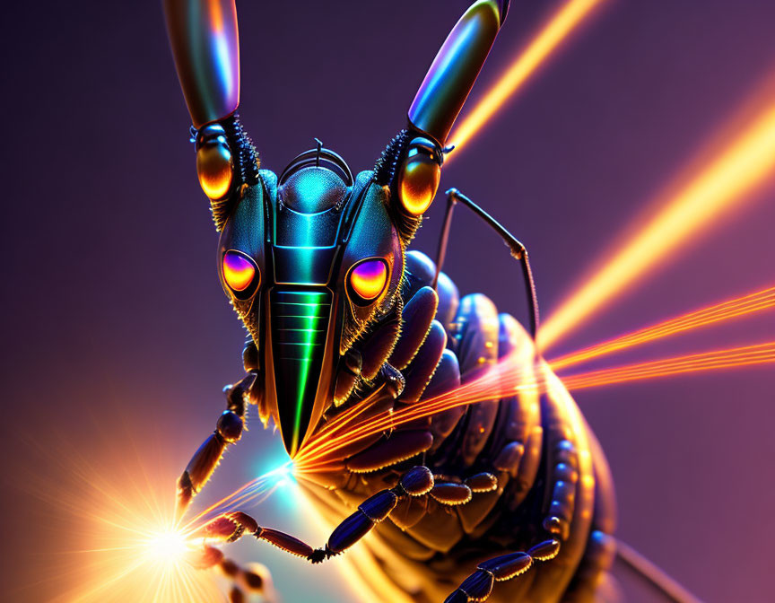 Metallic praying mantis with glowing eyes shooting laser beams on purple background