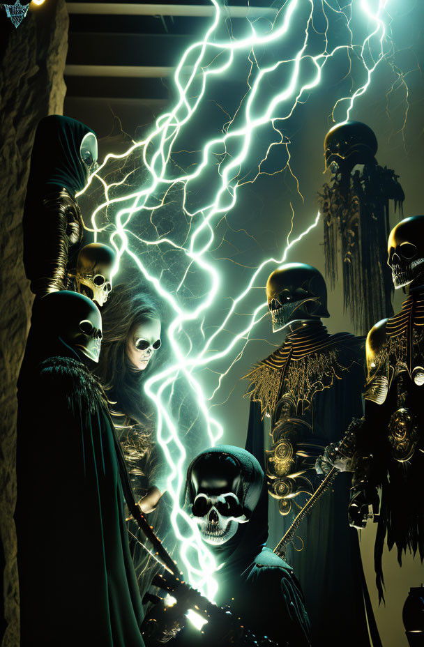 Hooded skeletal figures in ornate attire generating electricity in a gothic scene