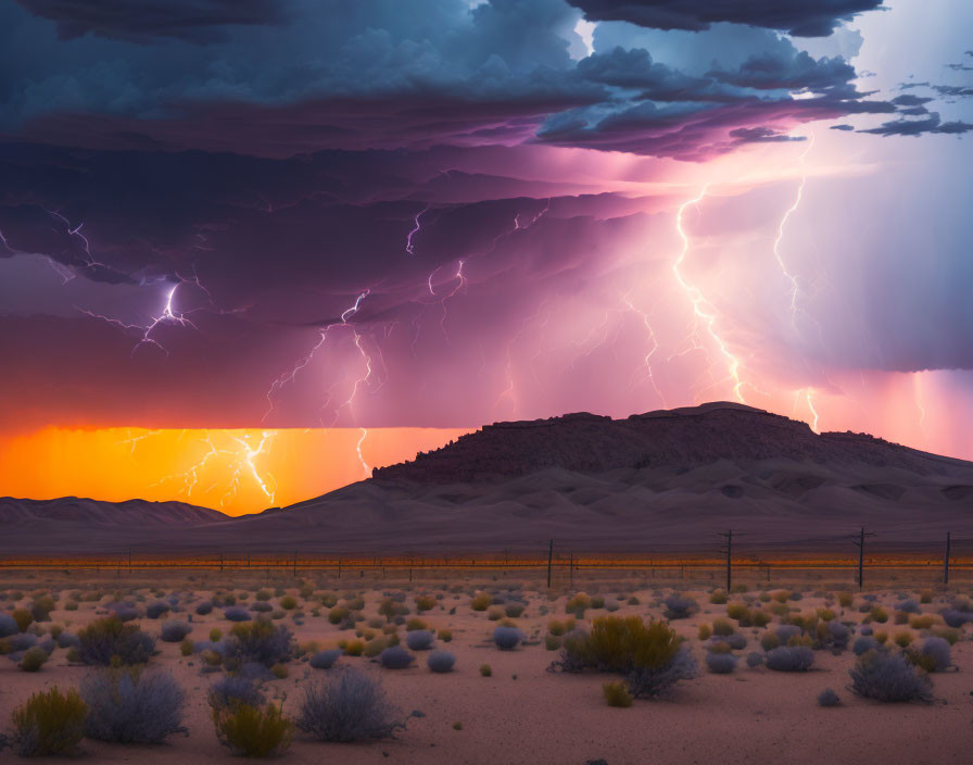 Vivid desert thunderstorm at dusk with lightning bolts and purple clouds