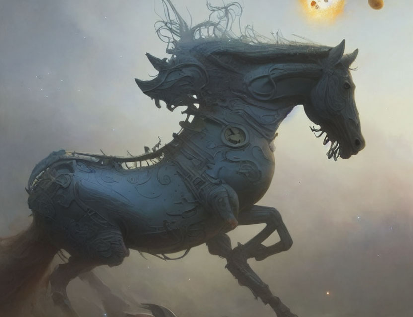 Intricately designed mechanical horse in cloudy sky