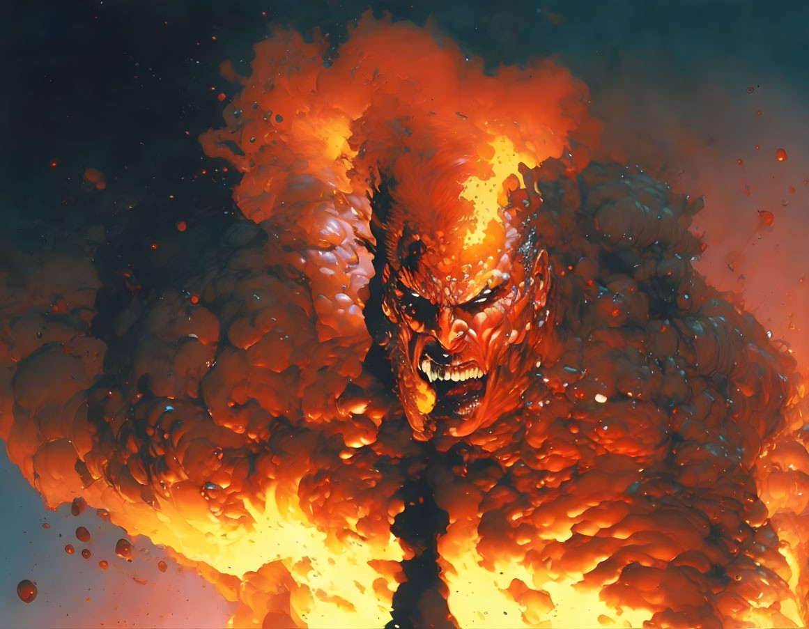 Fiery demonic creature with glowing eyes and bared teeth in explosive flames