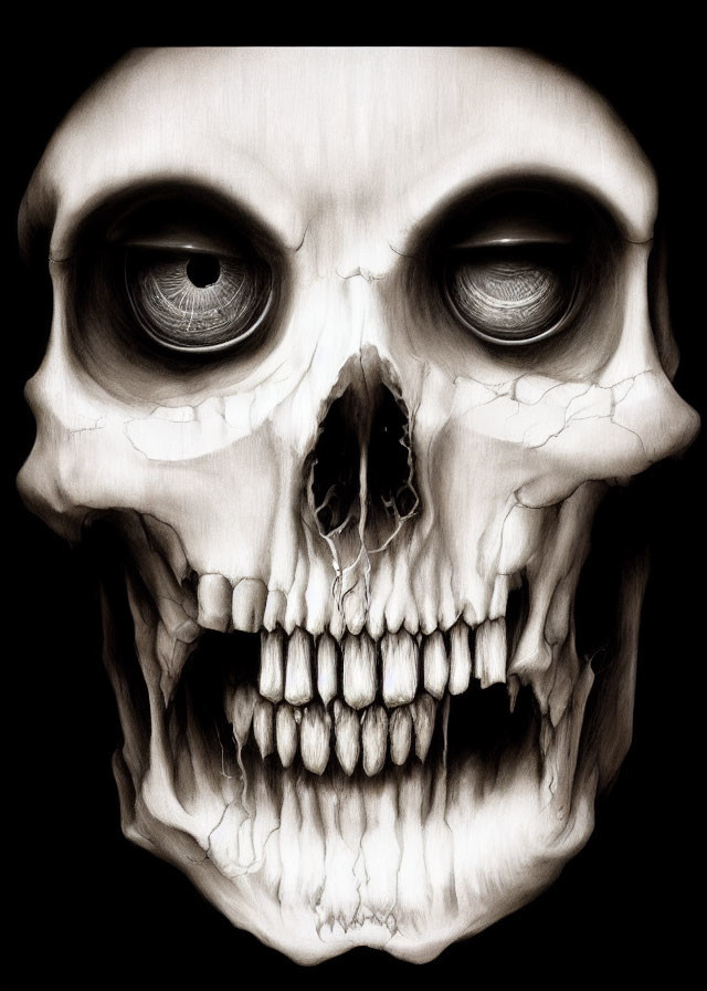 Detailed Human Skull Illustration with Hollow Eye Sockets and Cracked Bone Texture