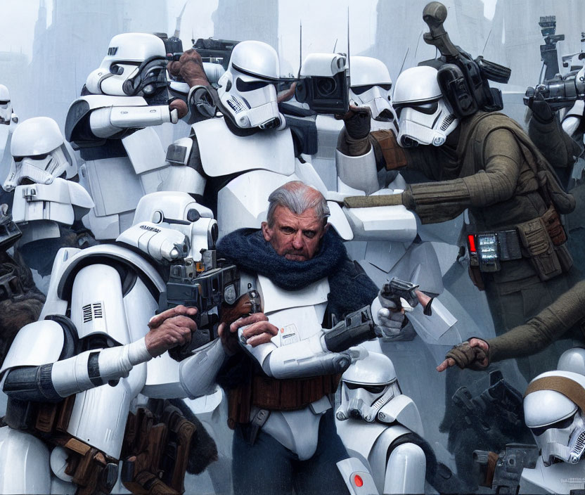 Elderly man with blaster faces stormtroopers in sci-fi battle