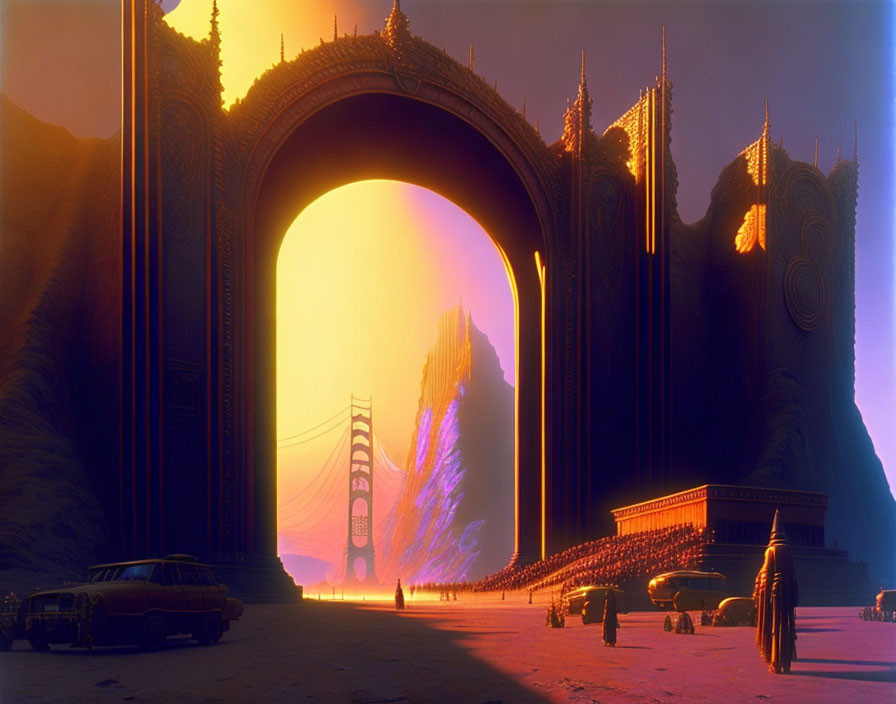 Ornate futuristic gate at sunset with vehicles, people, bridge, and mountains