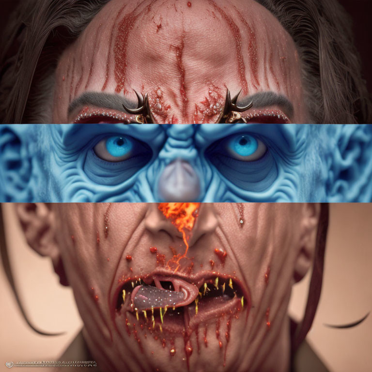 Composite Image: Person with Bloody Scars, Blue Skin, and Grotesque Features