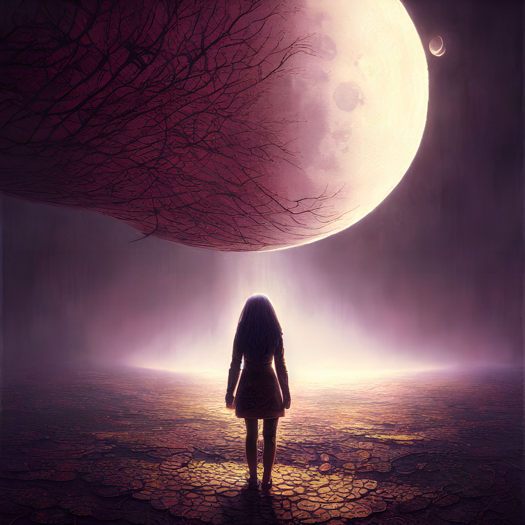 Silhouette of girl under glowing moon in surreal purple landscape