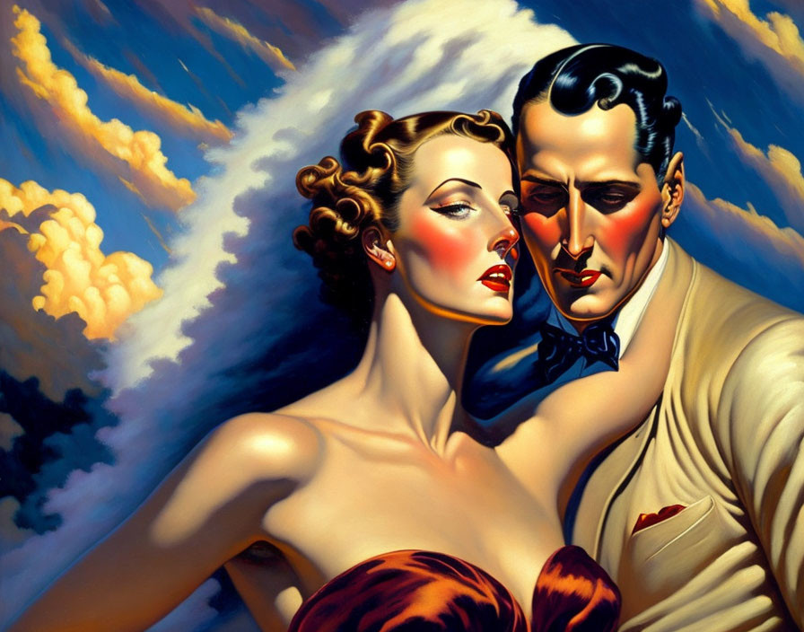 Vintage Style Illustrated Couple in Red Dress and Cream Suit against Dramatic Clouds