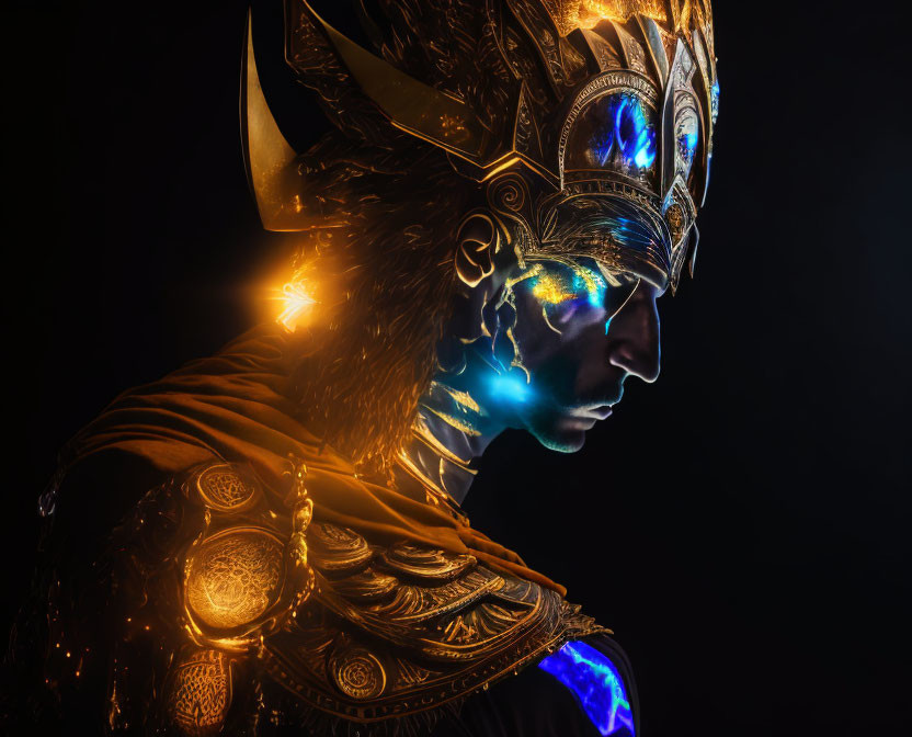 Person with Golden Headdress and Armor with Blue Glowing Patterns