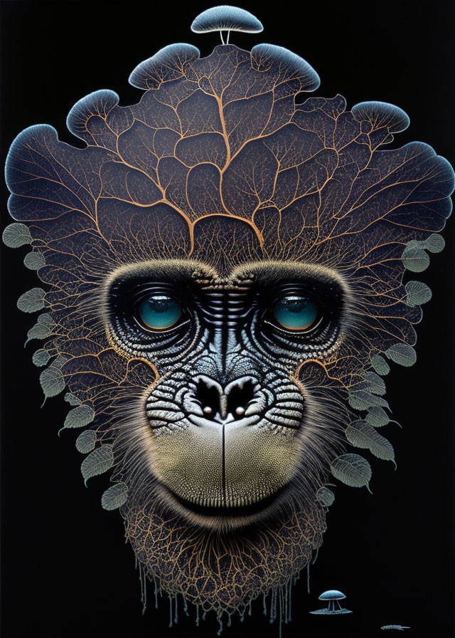 Intricate Monkey Face Artwork with Tree Branches and Leaves