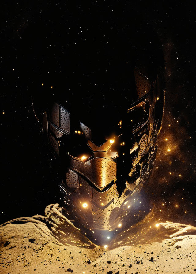 Futuristic golden mask disintegrating in cosmic scene