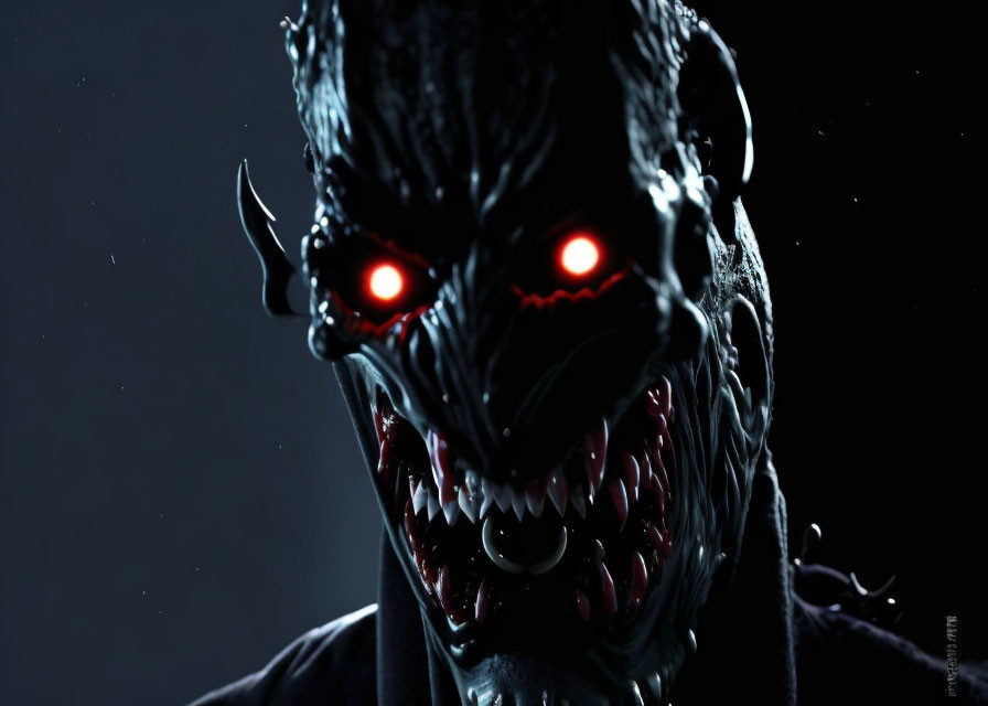 Menacing creature with glowing red eyes and sharp teeth in close-up view