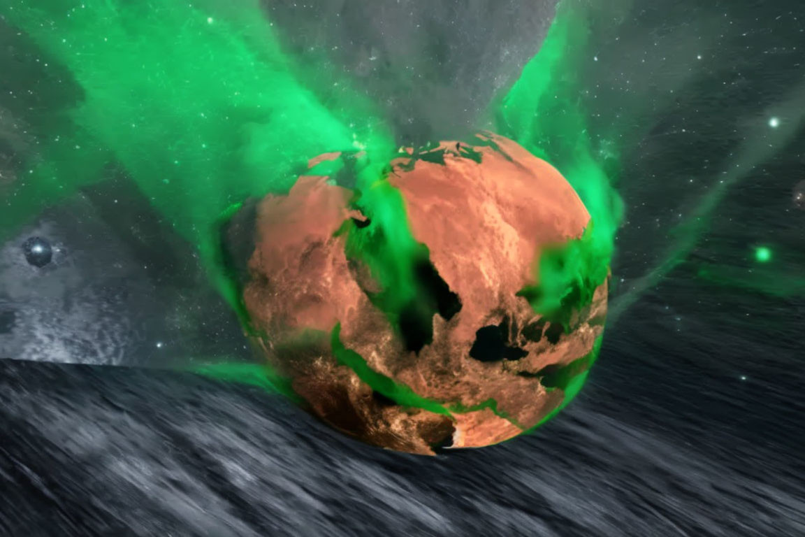 Digital artwork of shattered planet emitting green energy in space