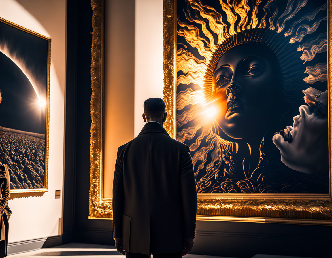 Person in Dark Jacket Viewing Golden-Framed Celestial Painting