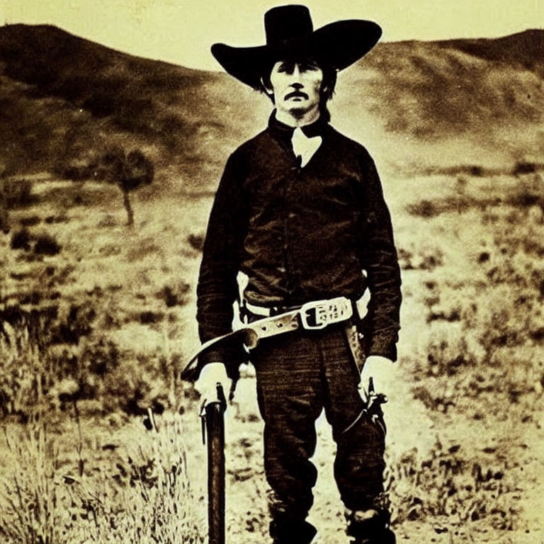 Sepia-Toned Photo: Person in Cowboy Hat with Rifle in Grassy Field