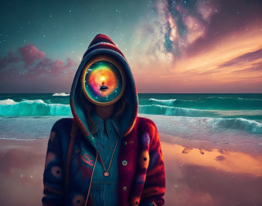 Colorful Jacketed Figure on Beach at Twilight with Galaxy Face Effect