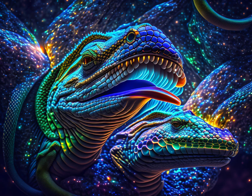 Colorful digital art: Neon lizards on cosmic backdrop