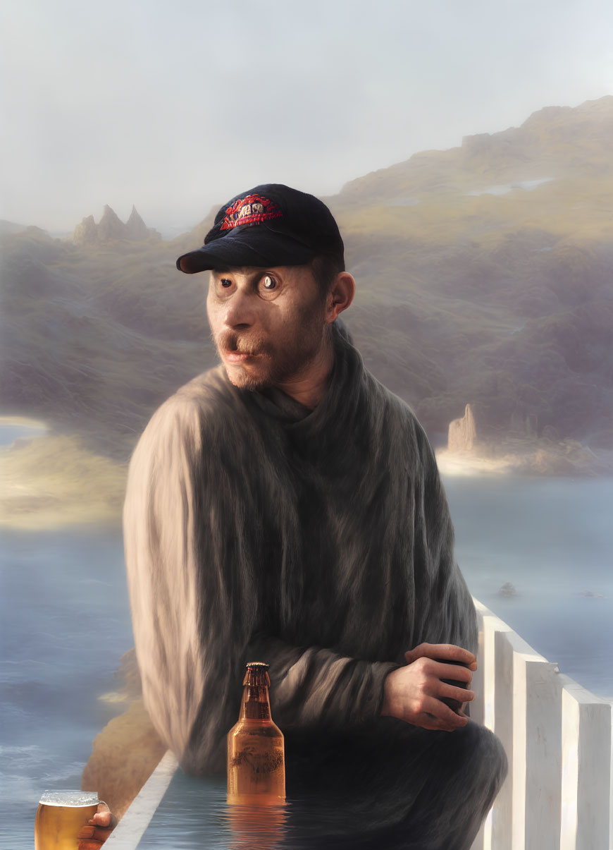 Elongated face person in cap with beer near misty mountains and lake