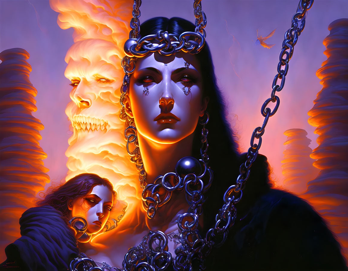 Artwork of stern figure with chains, ethereal faces backdrop