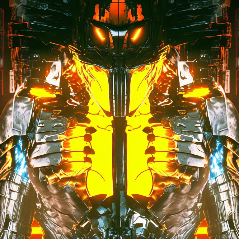 Futuristic robotic figure with glowing red eyes and yellow chest design against fiery backdrop