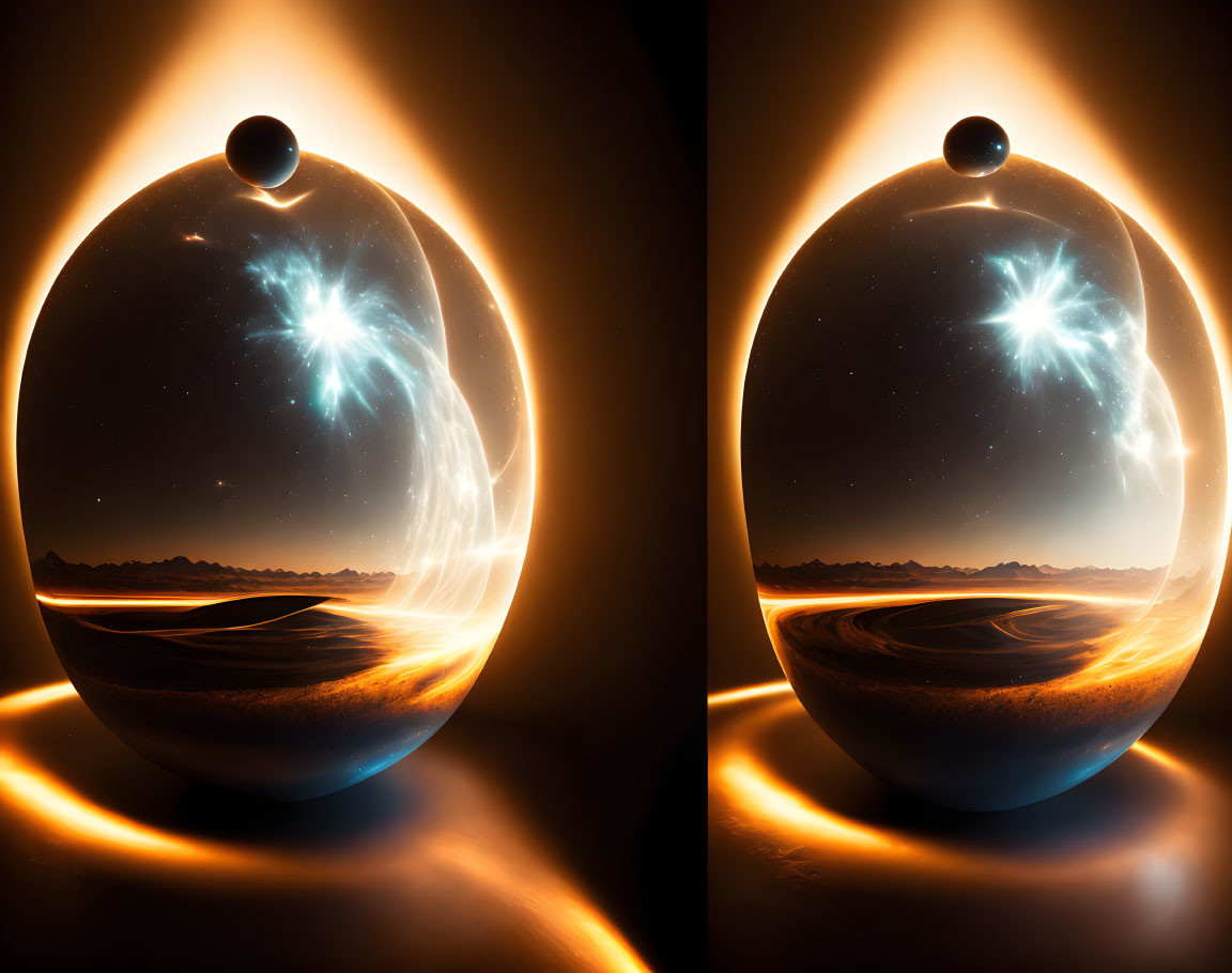 Starry sky and swirling light in crystal ball on dark landscape