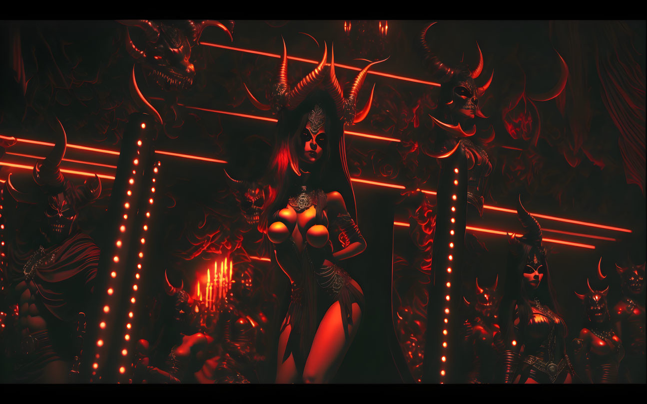 Dark Fantasy Scene: Demon Queen with Minions in Moody Red-lit Environment