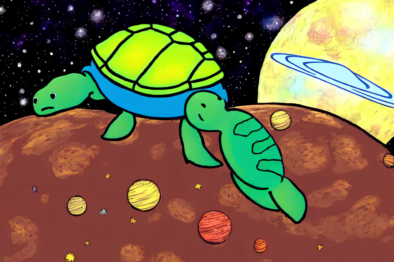 Cartoon turtles with space helmets on asteroid with colorful planets and stars