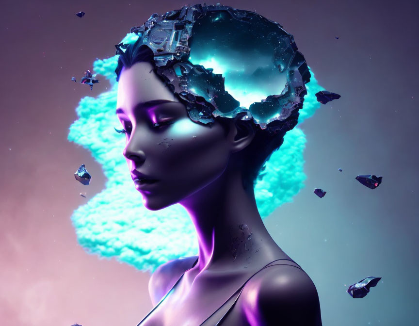 Digital artwork: Woman with fragmented, technology-infused head on cosmic background