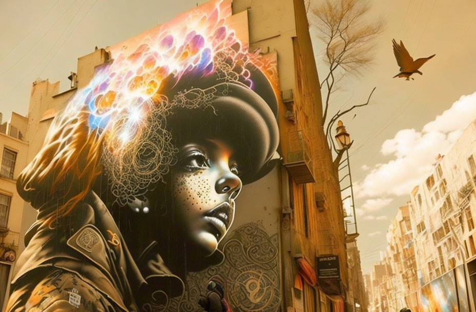 Colorful Woman Mural with Psychedelic Aura and Bird in Urban Setting