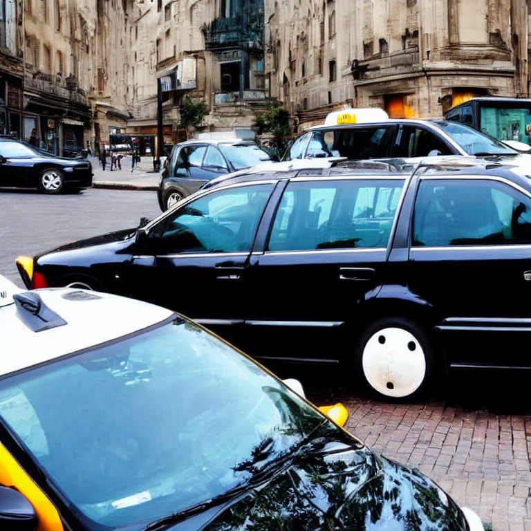 City street with lined up taxi cabs and historic buildings.