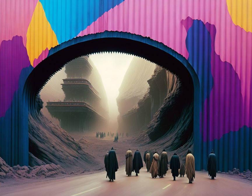 Cloaked figures walking towards futuristic city between rock formations