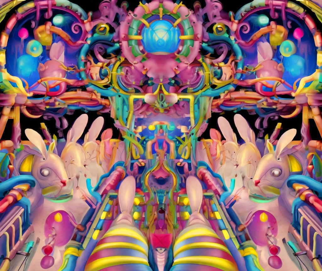 Symmetrical digital artwork with bunny-like figures and colorful abstract shapes