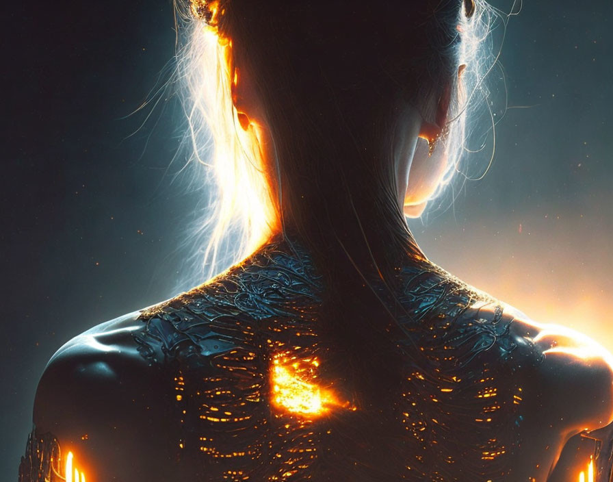 Digital Artwork: Luminescent Woman with Fiery Energy on Dark Background