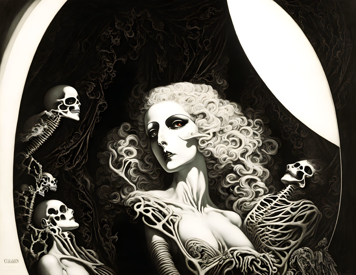 Gothic monochrome artwork: Pale woman, skeletons, intricate patterns, crescent moon