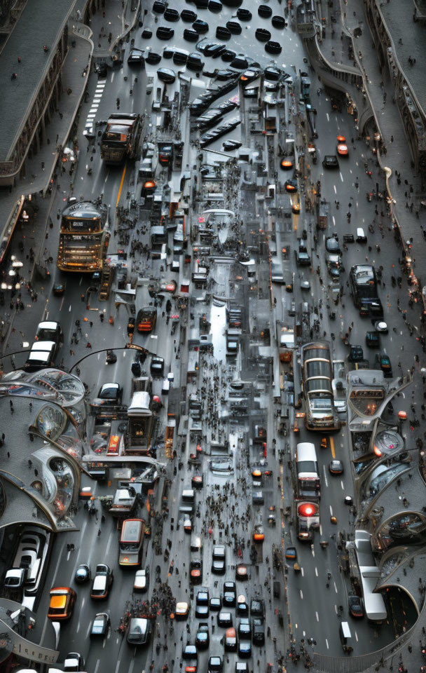 Busy city street with dense traffic and pedestrians, surrounded by buildings and vehicles