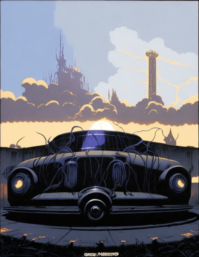 Stylized illustration of classic car with futuristic cityscape and dramatic sky