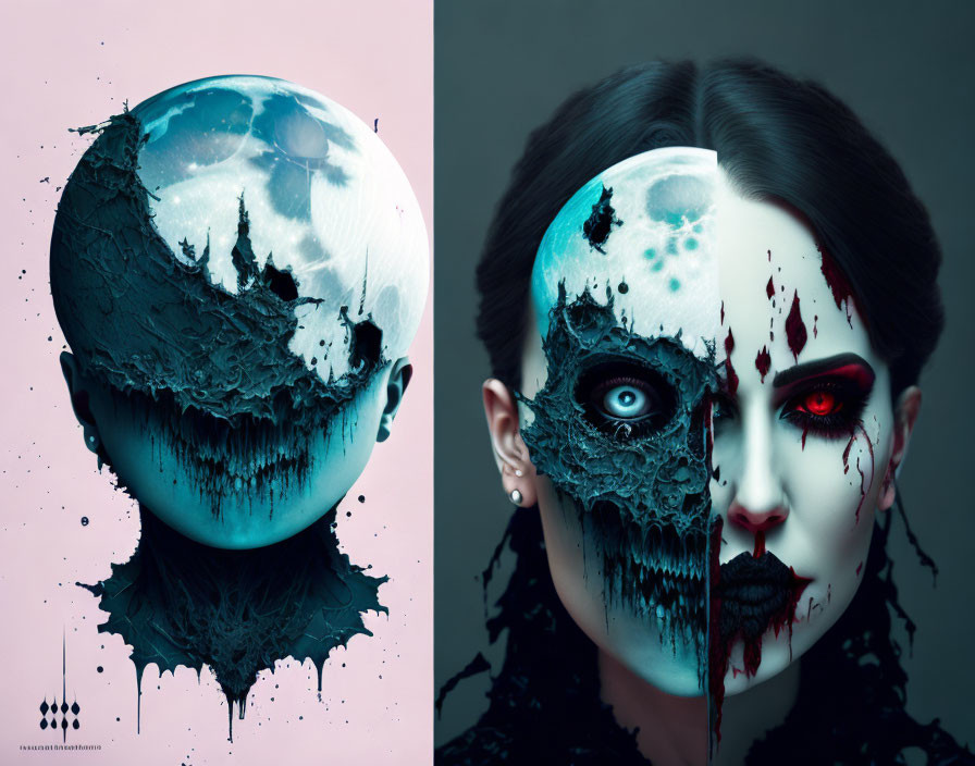 Split-image concept: Moon & Woman with Dark Makeup