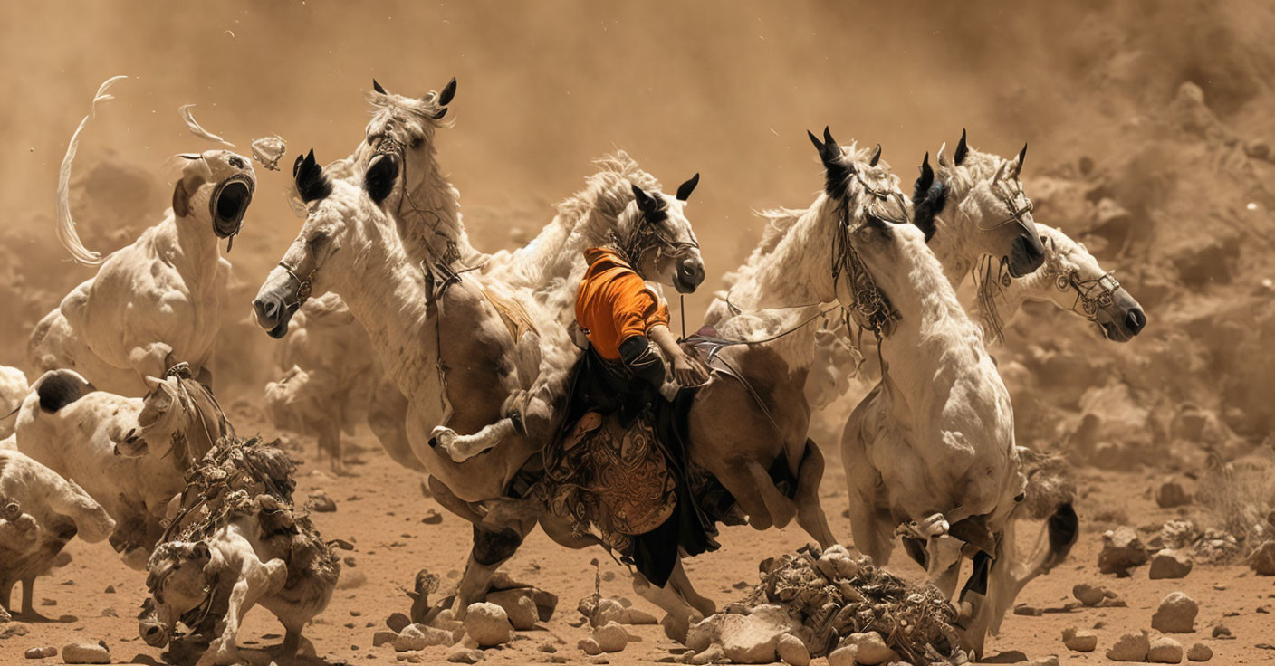 Orange-shirted person rides horse among galloping white herd under sepia sky